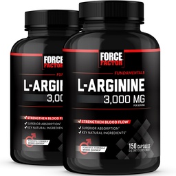 Force Factor L-Arginine, 2-Pack, Nitric Oxide Supplement with BioPerine to Help Build Muscle & Support Stronger Blood Flow, Circulation, Nutrient Delivery, & Pumps, L-Arginine 3000mg, 300 Capsules