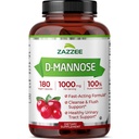 Zazzee D-Mannose, 1000 mg per Serving, 180 Vegan Capsules, 3 Month Supply, Potent & Fast-Acting, Certified Kosher, 100% Pure, All-Natural Urinary Tract Health Support, 100% Vegetarian, Non-GMO