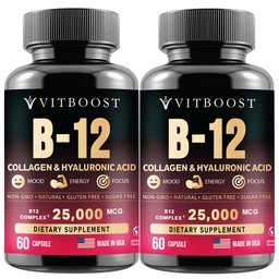VITBOOST B12 Methylcobalamin with Hyaluronic Acid, Collagen, and Folate – 25000 mcg Supplement Enhance Absorption & Boost Energy | Gluten-Free, Made in USA, B1, B2, B3, B6, B7 Complex - Pack of 2