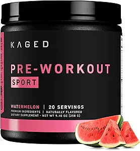 Kaged Sport Pre Workout Powder for Men & Women, Watermelon, Sport Certified, 188mg Caffeine, Nitric Oxide Supplement, Beta Alanine for Energy, Weightlifting, Cardio Endurance & Strength, 20 Servings