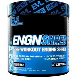 EVL Ultimate Pre Workout Powder - Thermogenic Fat Burn Support Preworkout Powder Drink for Lasting Energy Focus and Stamina - ENGN Shred Intense Creatine Free Preworkout Drink Mix - Blue Raz