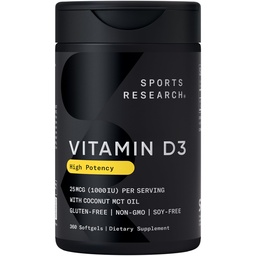 Sports Research® Vitamin D3 1000 IU with Coconut MCT Oil - High Potency Vitamin D Supplement for Immune & Bone Support - Gluten Free · Non-GMO · Soy Free - 360 Count Softgels