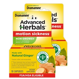 From the Makers of Dramamine, Advanced Herbals with Natural Ginger, for Nausea Relief, Morning Sickness Relief & Motion Sickness Relief During Travel, 18 Capsules, Pack of 2
