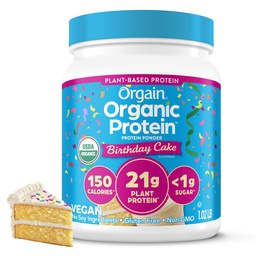 Orgain Organic Vegan Protein Powder, Birthday Cake - 21g Plant Based Protein, 7g Prebiotic Fiber, Low Net Carb, No Lactose Ingredients, No Added Sugar, Non-GMO, for Shakes & Smoothies, 1.02 lb