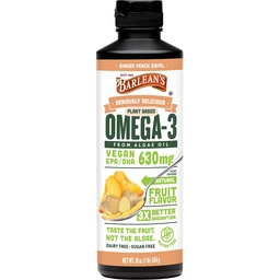 Barlean's Ginger Peach Vegan Omega 3 Supplement, Liquid Algae Oil with 630 mg EPA & DHA, Plant Based Omegas from Algal Oil, Non-GMO & Gluten Free, 16 oz