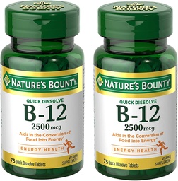 Nature's Bounty Vitamin B12 2500 mcg, Cellular Energy Support, for Energy Metabolism, Heart & Nervous System Health, 75 Quick Dissolve Tablets (Pack of 2)