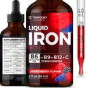 Liquid Iron Supplement for Women and Men - Iron Drops with B6, B9, B12, Vitamin C for Anemia, Blood Builder, Folate for Red Blood Cell and Immune Support MCT Oil (2 Fl Oz, Mixed Berry)