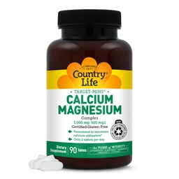Country Life Target-Mins Calcium Magnesium Complex 1000mg/500mg, 90 Tablets, Certified Gluten Free, Certified Vegan, Certified Non-GMO Verified