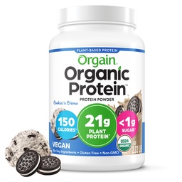 Orgain Organic Vegan Protein Powder, Cookies & Cream - 21g Plant Based Protein, 7g Prebiotic Fiber, Low Net Carb, No Lactose Ingredients, No Added Sugar, Non-GMO, For Shakes & Smoothies, 2.03 lb