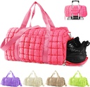 Quilted Gym Bag Duffle for Women,Duffle Bag for Travel with Shoes Compartment,Puffer Weekender Bags Overnight Carry On Bag with Trolley Sleeve for Airplanes,Personal Item Sports Duffel Dance Bag(Pink)