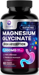 Magnesium Glycinate 1000mg Per Serving - Pure & Chelated for High Absorption - Supports Muscle, Nerve & Heart Health - Best Magnesium Supplement for Gentle Sleep Support, Bottled USA - 60 Capsules