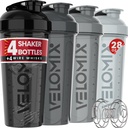 VELOMIX -4 Pack- 28 oz Protein Shaker Bottles for Protein Mixes - 4x Wire Whisk | Leak Proof Shaker Cups for Protein Shakes | Stackable Protein Shaker Bottle Pack (Silver Mix)