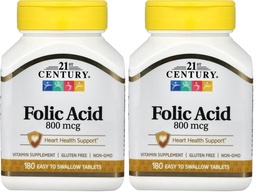 21st Century 800 mcg Folic Acid Tablets, Assorted, 180 Count (Pack of 2)