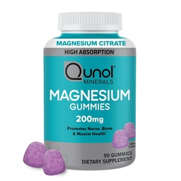 Qunol Magnesium Gummies for Adults, 200mg Elemental Magnesium (from 1,750mg Magnesium Citrate), High Absorption Magnesium Supplement, Supports Nerve, Bone and Muscle Health, Vegetarian, 90 Count