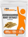 BulkSupplements.com Ashwagandha Root Extract Powder - Ashwagandha Supplement, Herbal Supplement - Vegan & Gluten Free, 600mg per Serving, 250g (8.8 oz) (Pack of 1)