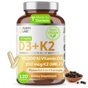 Purity Labs Vitamin D3 K2 10000 IU, (250mcg) D3 + 200mcg K2 MK7 - Immune Support Supplement Enhanced with Bioperine - Supplements for Daily Defense, Bone, Muscle & Skin Health - 120 Capsules